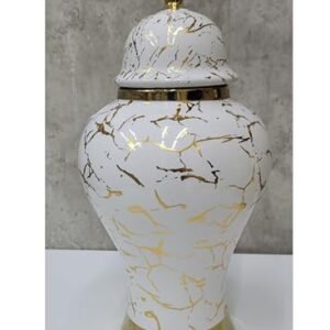 Elegant Gold & White Marble Print Ceramic Ginger Jar Vase with Lid for Stylish Home Décor